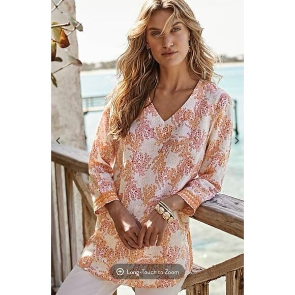 J. JILL Women's L Coral Reef Embroidered Tunic Top Linen Orange Cream Beachy - Picture 1 of 16